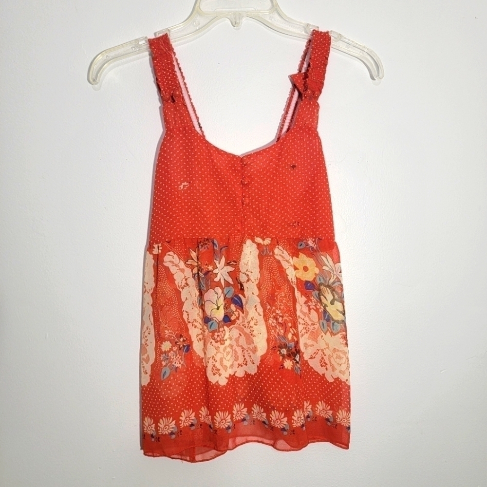 Pura Vida Anthropologie Babydoll Top Sheer Blouse Cami Tank Floral Dot Print